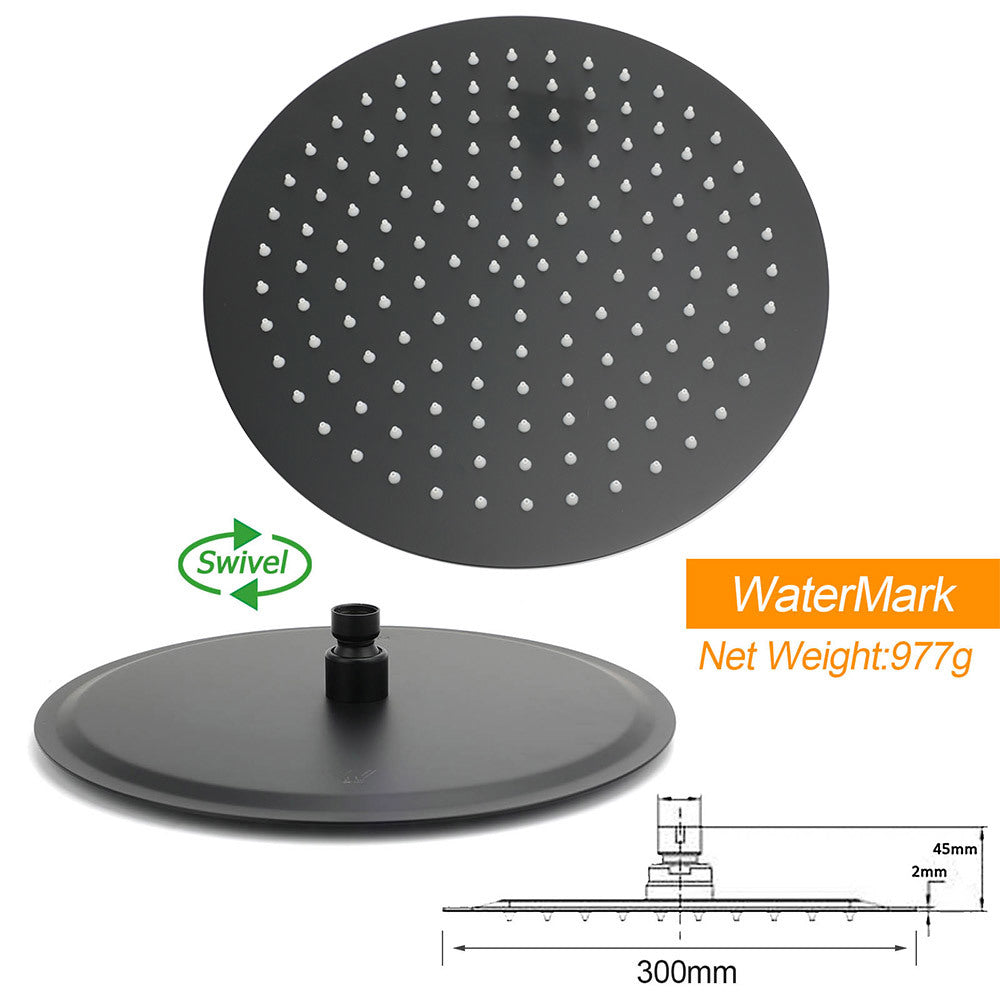 Matte Black Large 12" Round Shower Head Twin Set Stainless Steel Handheld Diverter Wall Rail Arm V1233-SC842BSS019CBLKSR112B