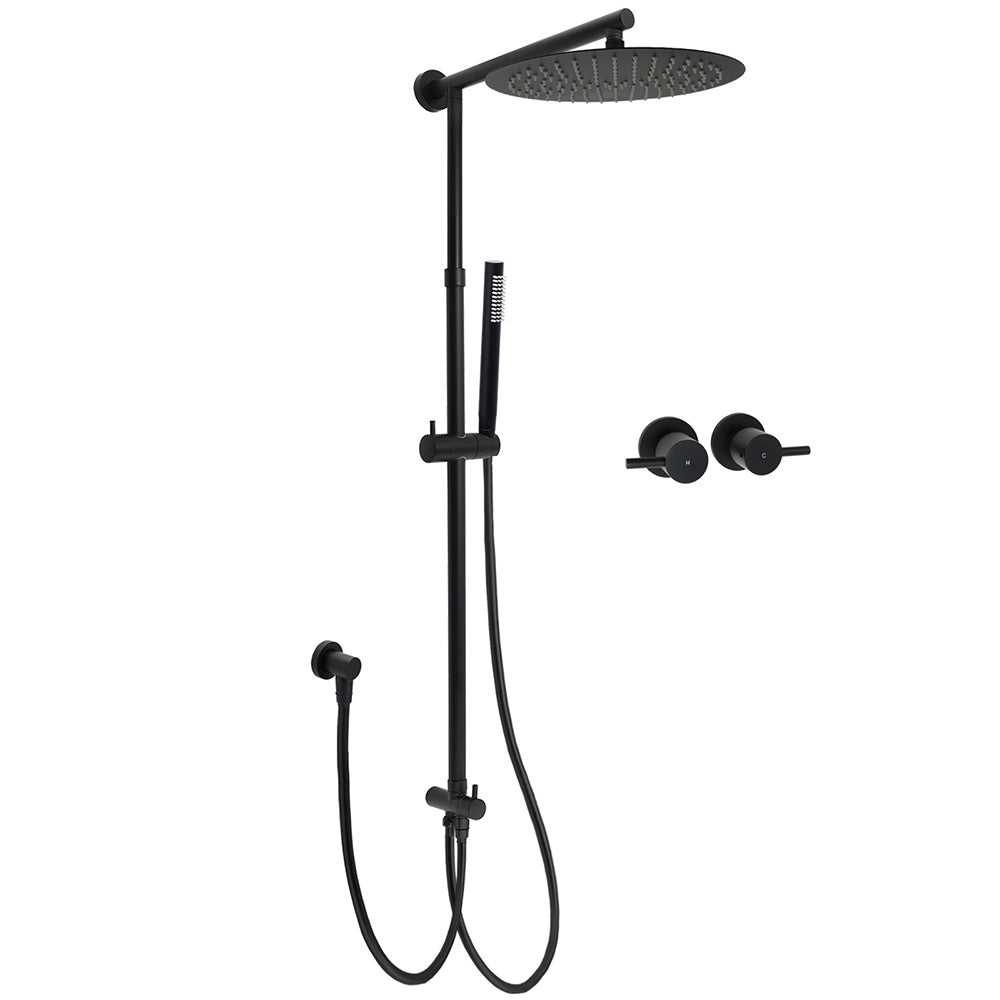 WELS Matt Black Dual 12" Round Shower Head Set Metal Handheld Rail Wall Arm Elbow Inlet Twin Taps V1233-SC842BSS019CBLKSR112BCPF0282ABK