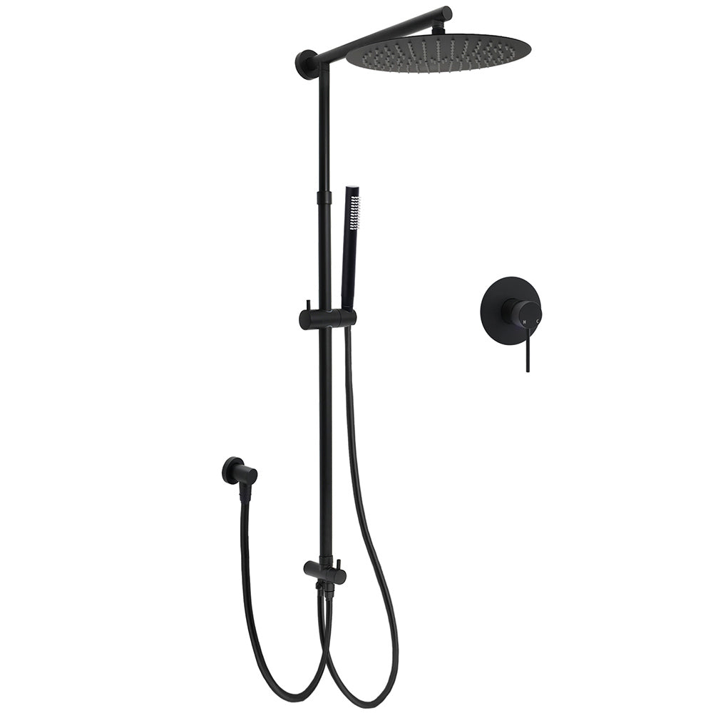 WELS Matt Black Twin Round 12" Shower Head Set Metal Handheld Flexible Rail Wall Arm Mixer V1233-SC842BSS019CBLKSR112BKRD201B