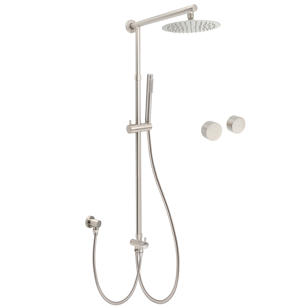 Brushed Nickel Round 8" Rain Head Shower Stainless Steel Handheld Sliding Rail Arm Chrome Set + Twin Taps V1233-SC842BSSS019CBNKSR108NKC0292BN