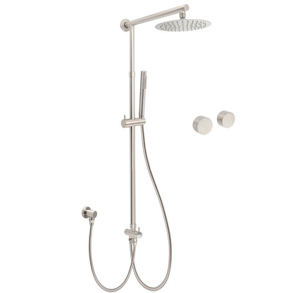 Brushed Nickel Round 8" Rain Head Shower Stainless Steel Handheld Sliding Rail Arm Chrome Set + Twin Taps V1233-SC842BSSS019CBNKSR108NKC0292BN