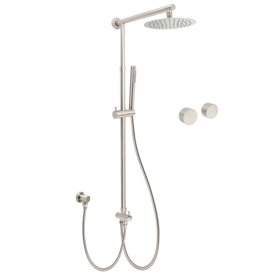 Brushed Nickel Round 8" Rain Head Shower Stainless Steel Handheld Sliding Rail Arm Chrome Set + Twin Taps V1233-SC842BSSS019CBNKSR108NKC0292BN