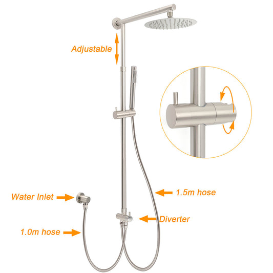 Brushed Nickel 8" Thin Rain Head Twin Shower Metal Handheld Rose Sliding Rail Arm Set With Mixer V1233-SC842BSSS019CBNKSR108NKC1292BN