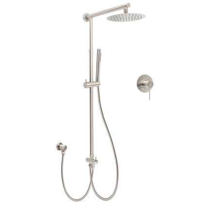 Brushed Nickel Round 8" Rain Head Shower 1 Mode Handheld Sliding Rail Arm Mixer 2in1 Set V1233-SC842BSSS019CBNKSR108NKRD201N