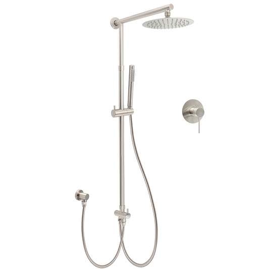 Brushed Nickel Round 8" Rain Head Shower 1 Mode Handheld Sliding Rail Arm Mixer 2in1 Set V1233-SC842BSSS019CBNKSR108NKRD201N