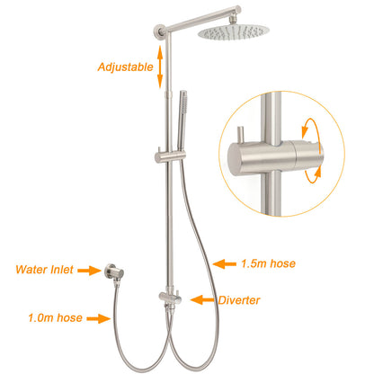 WELS Brushed Nickel Round 8" Rain Head Shower 1 Mode Handheld Sliding Rail Mixer 2in1 Set V1233-SC842BSSS019CBNKSR108NKRD201N60