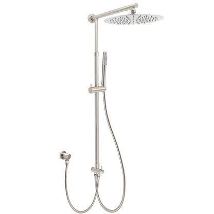 Brushed Nickel Dual Round 12" Stainless Steel Rain Shower Head Metal Handheld Sliding Rail Arm Set V1233-SC842BSSS019CBNKSR112N