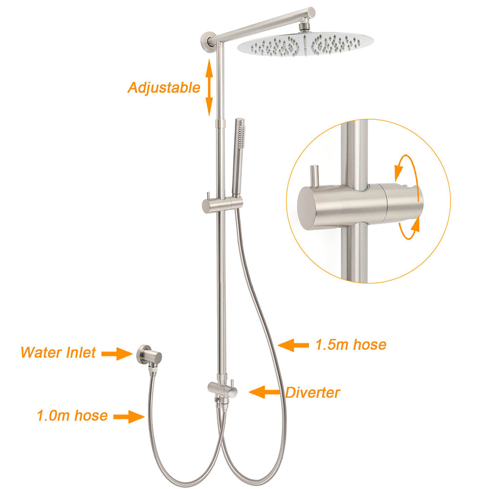 Brushed Nickel Dual Round 12" Stainless Steel Rain Shower Head Metal Handheld Sliding Rail Arm Set V1233-SC842BSSS019CBNKSR112N