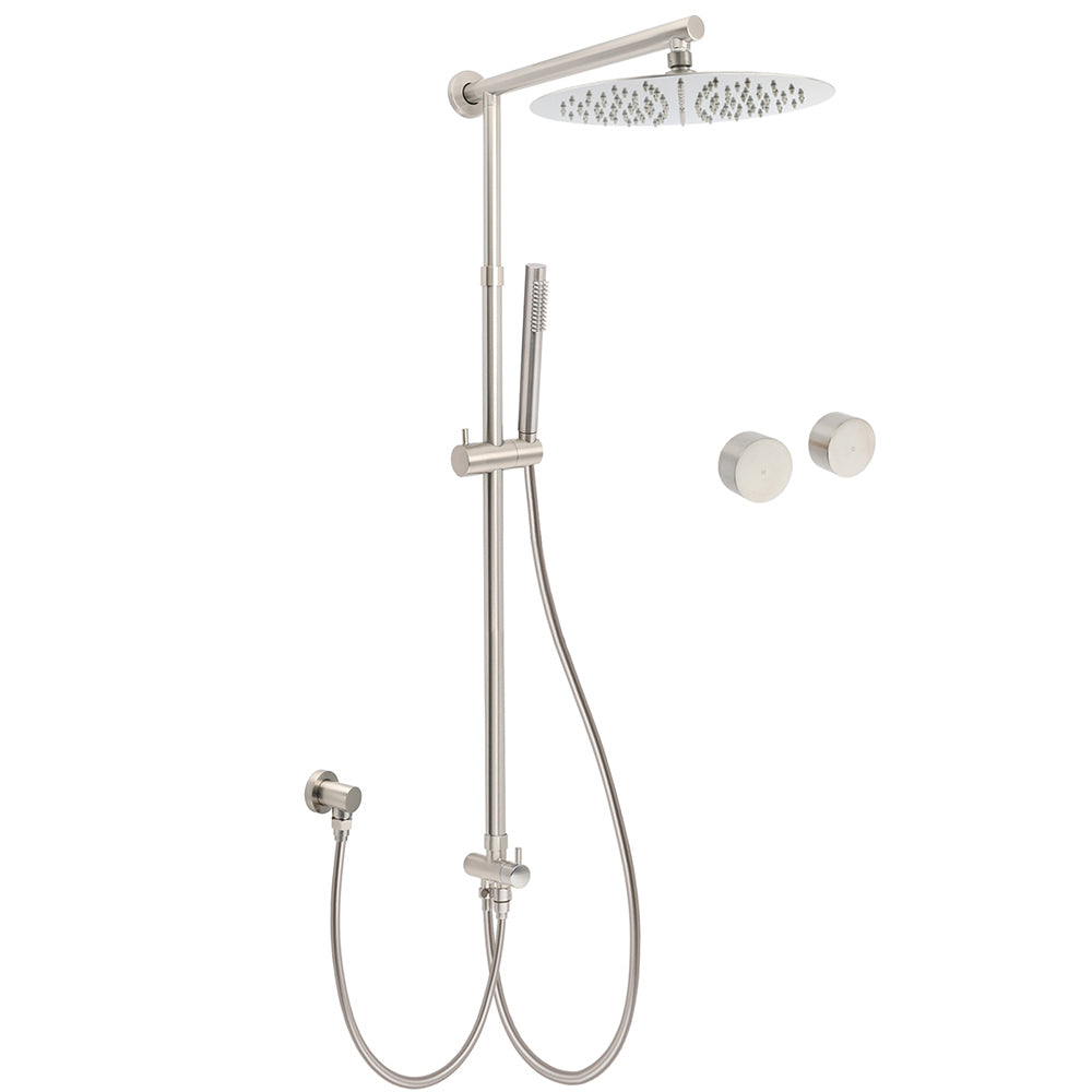 Brushed Nickel Round 12" SUS Rain Head Metal Handheld Shower Sliding Rail Arm Chrome Set + Twin Taps V1233-SC842BSSS019CBNKSR112NKC0292BN
