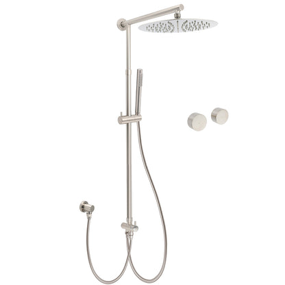 Brushed Nickel Round 12" SUS Rain Head Metal Handheld Shower Sliding Rail Arm Chrome Set + Twin Taps V1233-SC842BSSS019CBNKSR112NKC0292BN