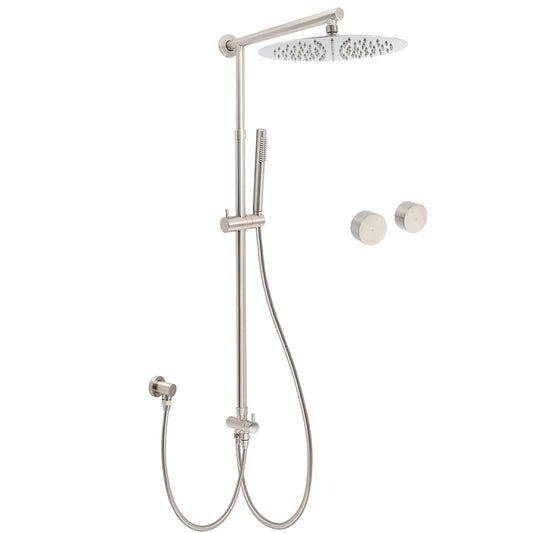 Brushed Nickel Round 12" SUS Rain Head Metal Handheld Shower Sliding Rail Arm Chrome Set + Twin Taps V1233-SC842BSSS019CBNKSR112NKC0292BN