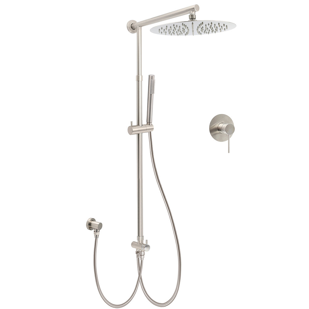Brushed Nickel Round 12" Rain Head Shower Single Mode Handheld Sliding Rail Arm Mixer 2in1 Set V1233-SC842BSSS019CBNKSR112NKRD201N