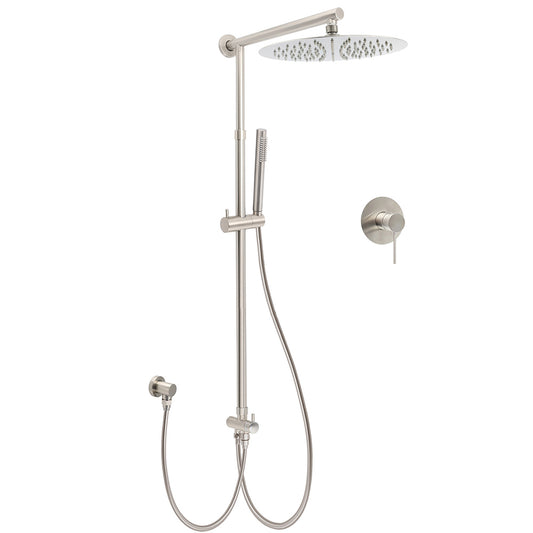 Brushed Nickel Round 12" Rain Head Shower Single Mode Handheld Sliding Rail Arm Mixer 2in1 Set V1233-SC842BSSS019CBNKSR112NKRD201N