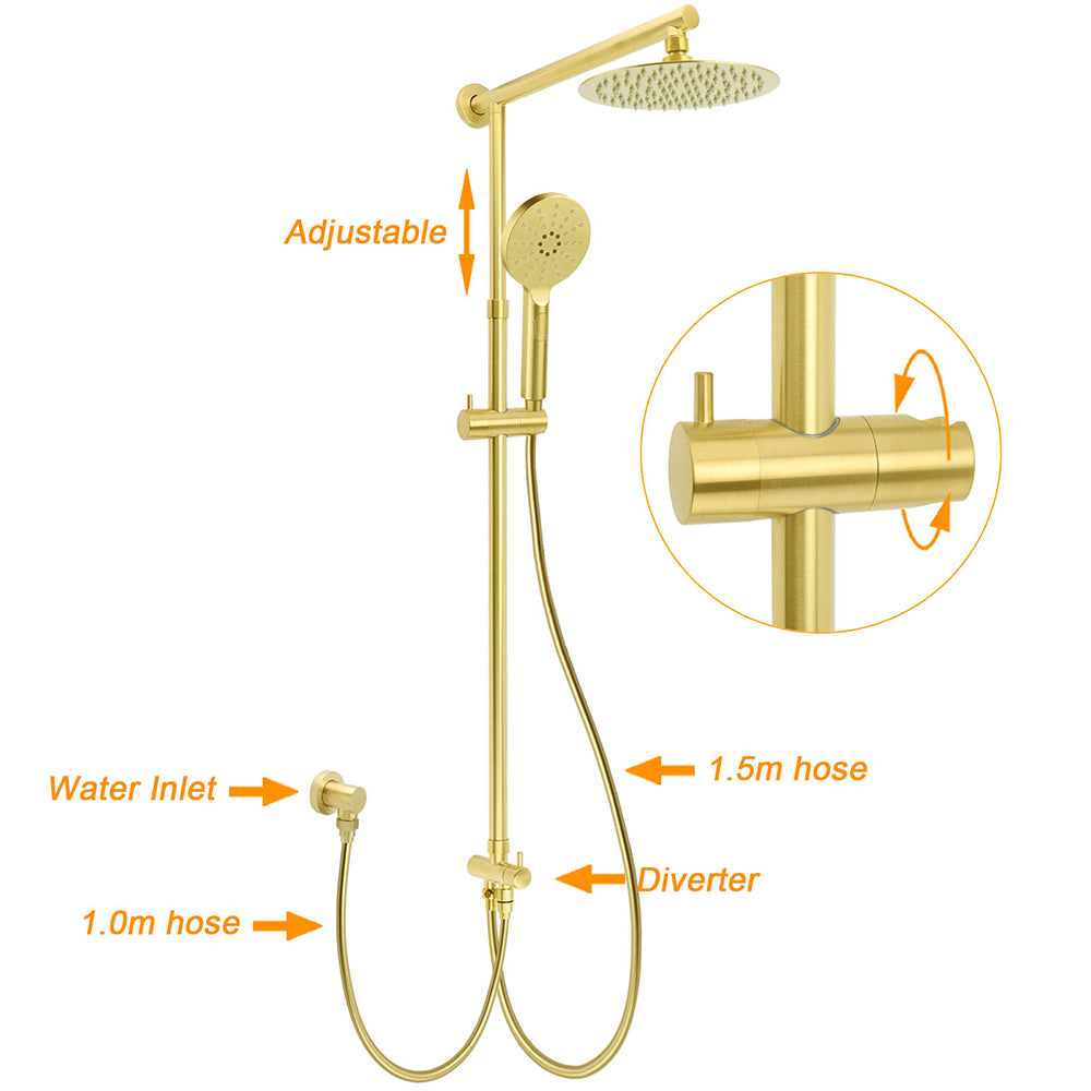 WELS Brushed Gold Twin Shower 8" Round Head Set 3 Mode Handheld Rose Sliding Rail Arm V1233-SC842GHR002M4CGKSR108G