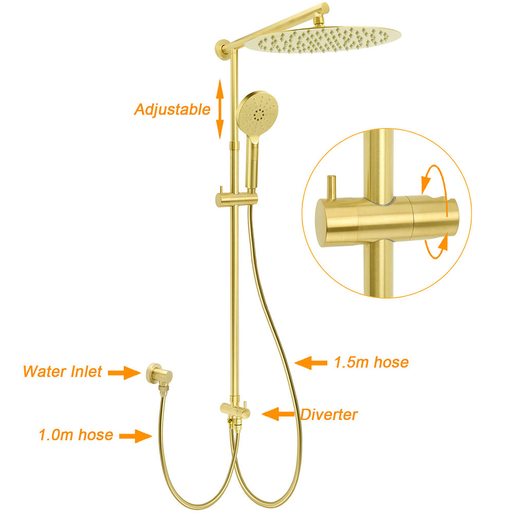 WELS Brushed Gold Large Round Shower 12" Head 3 Mode Handheld Rose Sliding Rail Arm Set V1233-SC842GHR002M4CGKSR112G