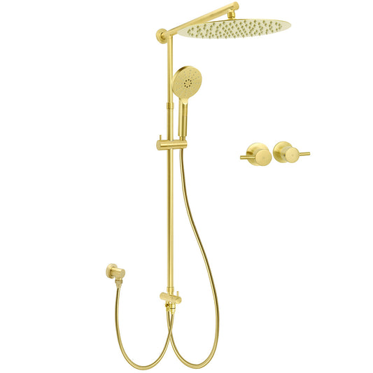 WELS Brushed Gold Round 12" Shower Head 3 Mode Handheld Rose Sliding Rail Twin Taps Set V1233-SC842GHR002M4CGKSR112GCF0282AG