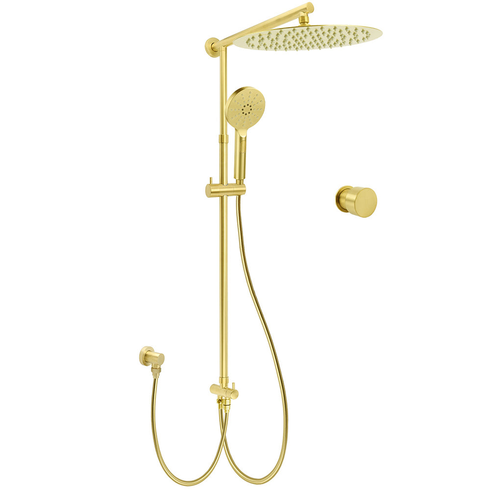 Brushed Gold Dual Round Shower 12" Top Head 3 Mode Handheld Sliding Rail Arm Mixer Valve V1233-SC842GHR002M4CGKSR112GKC1292BG