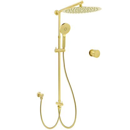 Brushed Gold Dual Round Shower 12" Top Head 3 Mode Handheld Sliding Rail Arm Mixer Valve V1233-SC842GHR002M4CGKSR112GKC1292BG