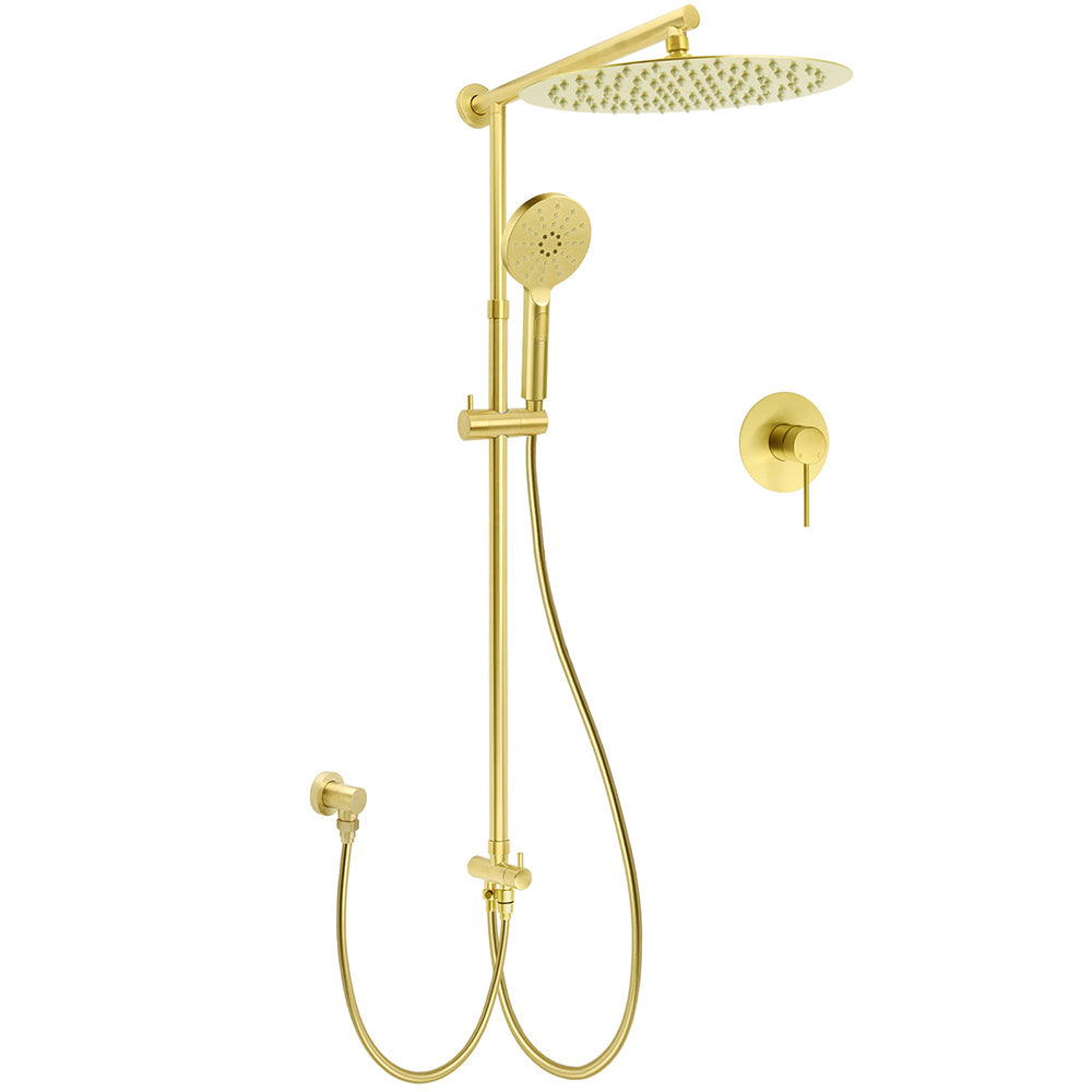 WELS Brushed Gold 2in1 Large Round Shower 12" Rain Head 3 Mode Handheld Sliding Rail Mixer Set V1233-SC842GHR002M4CGKSR112GKRD201G