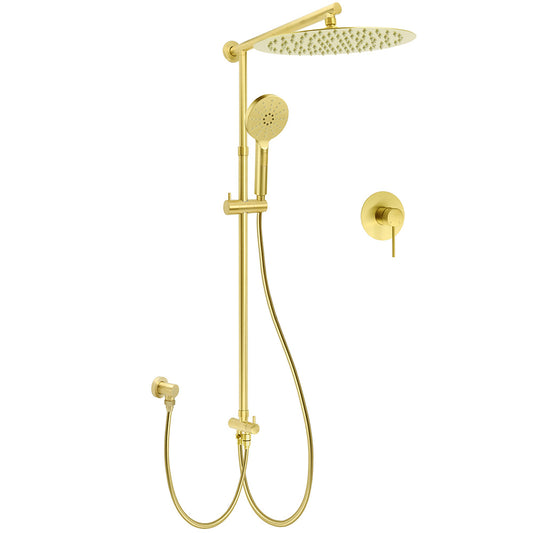 WELS Brushed Gold 2in1 Large Round Shower 12" Rain Head 3 Mode Handheld Sliding Rail Mixer Set V1233-SC842GHR002M4CGKSR112GKRD201G