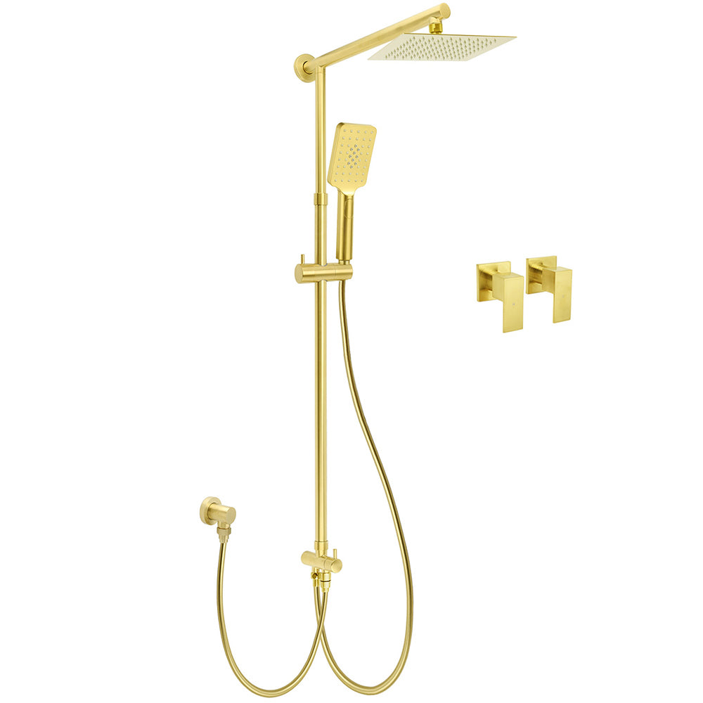 Brushed Gold Dual Square 8" Rain Shower Head 3 Mode Handheld Sliding Rail Arm Twin Taps Set V1233-SC842GHS002M4CGKSS108GCPF0272AG