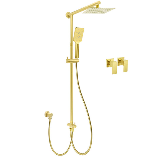Brushed Gold Dual Square 8" Rain Shower Head 3 Mode Handheld Sliding Rail Arm Twin Taps Set V1233-SC842GHS002M4CGKSS108GCPF0272AG