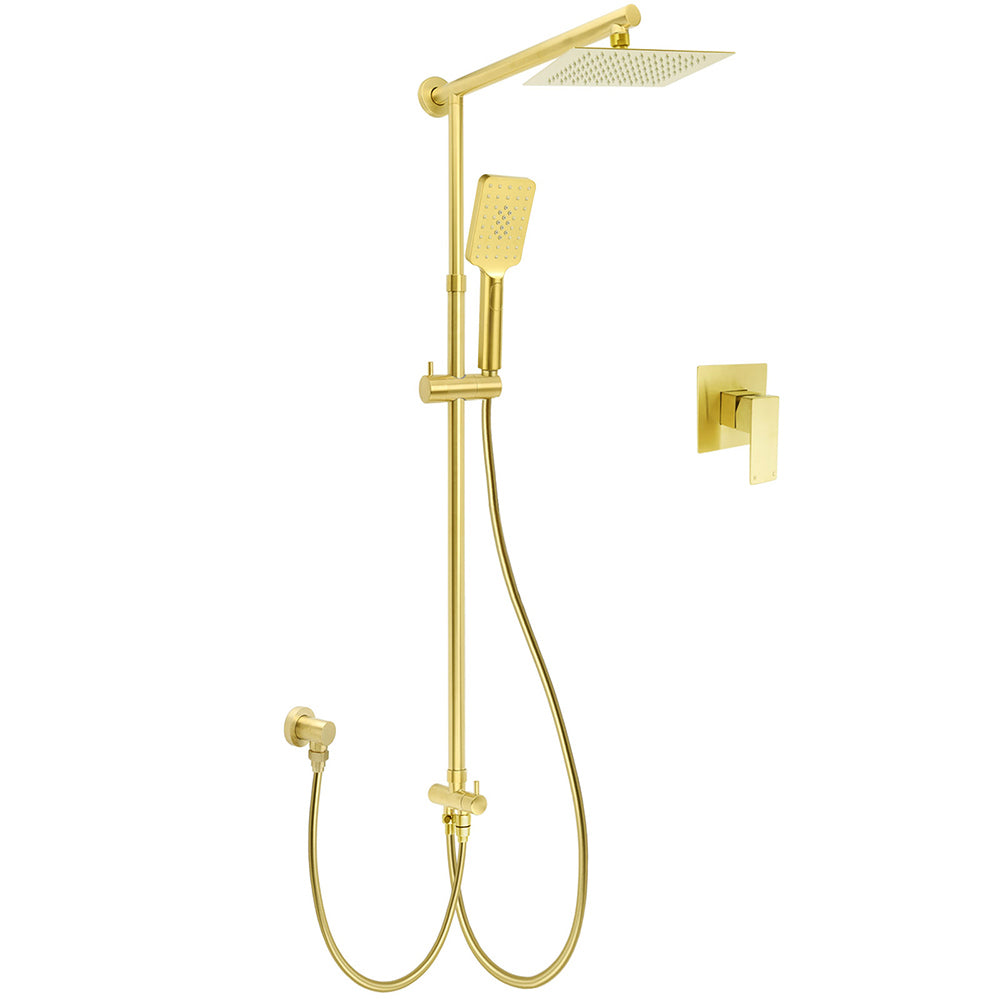 WELS Brushed Gold Square 8" Rain Shower Head 3 Mode Handheld Sliding Rail Arm Dual Mixer Set V1233-SC842GHS002M4CGKSS108GKSQ201G