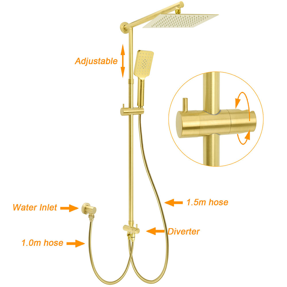 Brushed Gold Square 10" Rain Head 3 Mode Handheld Rose Sliding Rail Arm Dual Shower Set V1233-SC842GHS002M4CGKSS110G