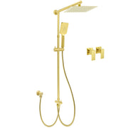 Brushed Gold Square 10" Rain Head 3 Mode Handheld Sliding Rail Wall Arm Dual Shower Taps Set V1233-SC842GHS002M4CGKSS110GCPF0272AG