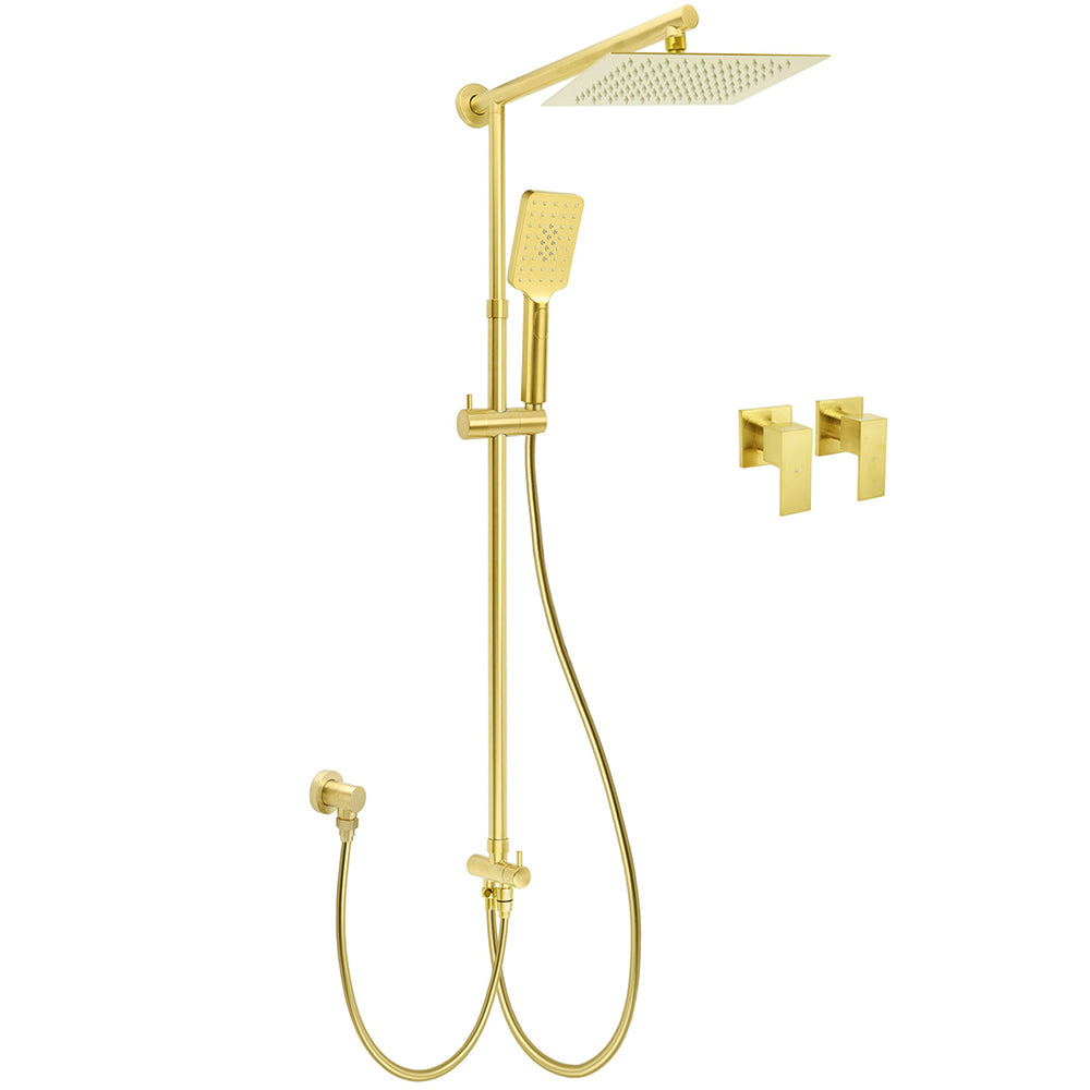 Brushed Gold Square 10" Rain Head 3 Mode Handheld Sliding Rail Wall Arm Dual Shower Taps Set V1233-SC842GHS002M4CGKSS110GCPF0272AG