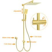Brushed Gold Square 12" Large Rain Head 3 Mode Handheld Rose Sliding Rail Arm Twin Shower Set V1233-SC842GHS002M4CGKSS112G