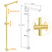 Brushed Gold Square 12" Large Rain Head 3 Mode Handheld Rose Sliding Rail Arm Twin Shower Set V1233-SC842GHS002M4CGKSS112G