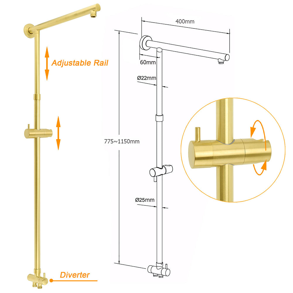 Brushed Gold Square 12" Large Rain Head 3 Mode Handheld Rose Sliding Rail Arm Twin Shower Set V1233-SC842GHS002M4CGKSS112G