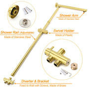 Brushed Gold Square 12" Large Rain Head 3 Mode Handheld Rose Sliding Rail Arm Twin Shower Set V1233-SC842GHS002M4CGKSS112G