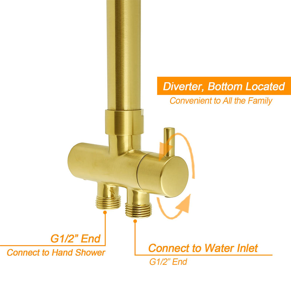 Brushed Gold Square 12" Large Rain Head 3 Mode Handheld Rose Sliding Rail Arm Twin Shower Set V1233-SC842GHS002M4CGKSS112G