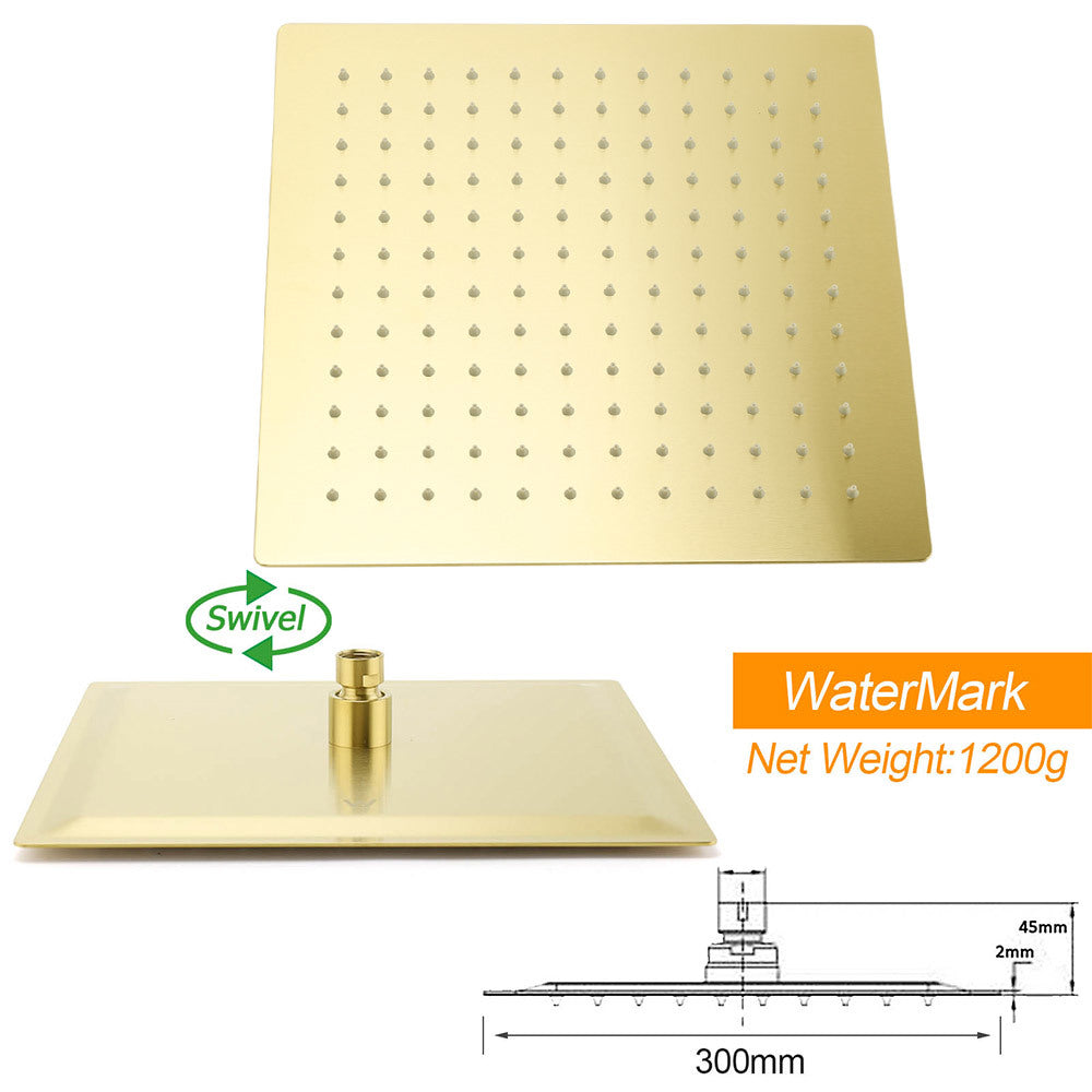 Brushed Gold Square 12" Large Rain Head 3 Mode Handheld Rose Sliding Rail Arm Twin Shower Set V1233-SC842GHS002M4CGKSS112G