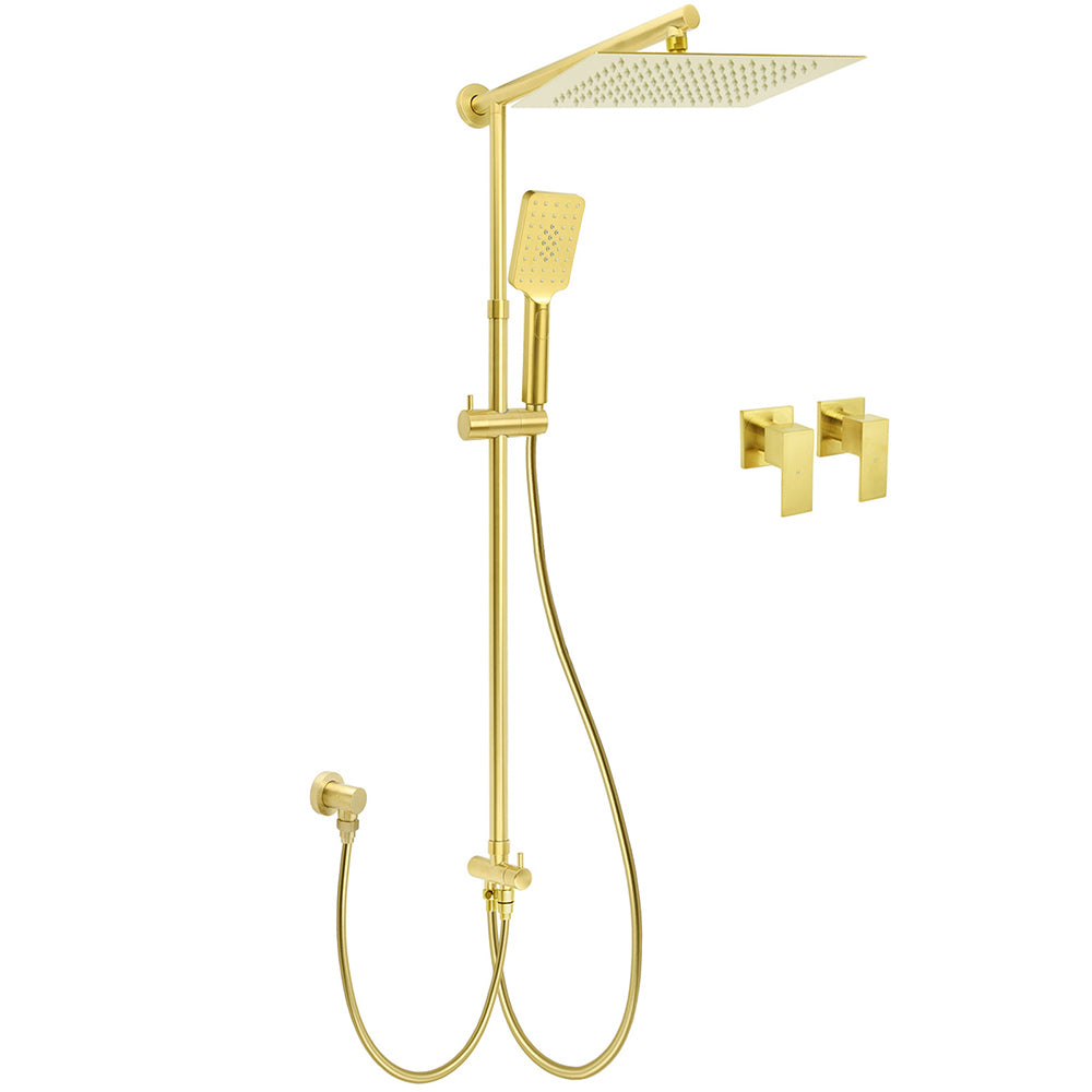 Brushed Gold Square 12" Rain Head 3 Mode Handheld Rose Sliding Rail Wall Arm Dual Shower Taps Set V1233-SC842GHS002M4CGKSS112GCPF0272AG