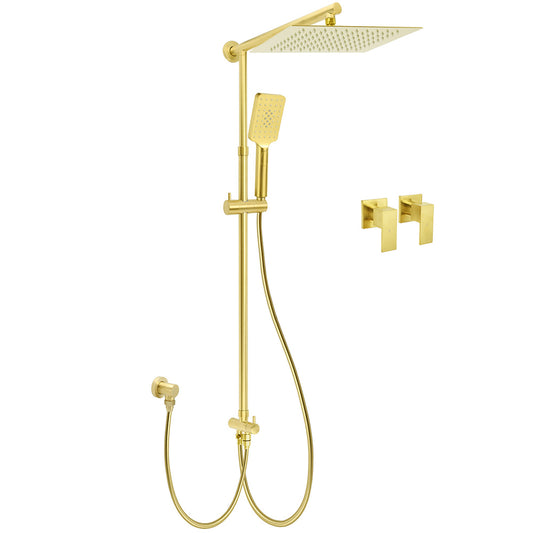 Brushed Gold Square 12" Rain Head 3 Mode Handheld Rose Sliding Rail Wall Arm Dual Shower Taps Set V1233-SC842GHS002M4CGKSS112GCPF0272AG