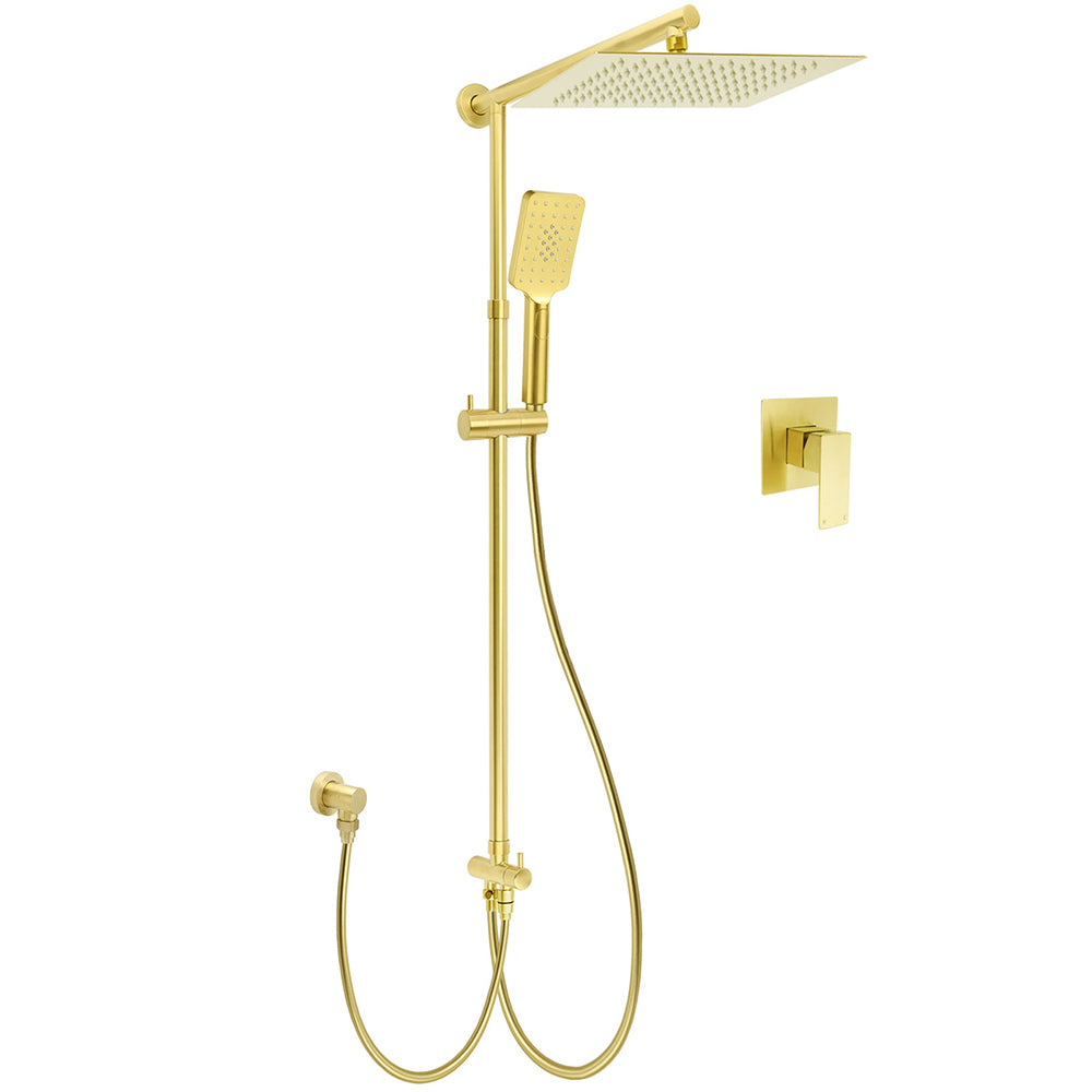 WELS Brushed Gold Square 12" Rainfall Head 3 Modes Handheld Sliding Rail Wall Mixer 2in1 Shower Set V1233-SC842GHS002M4CGKSS112GKSQ201G
