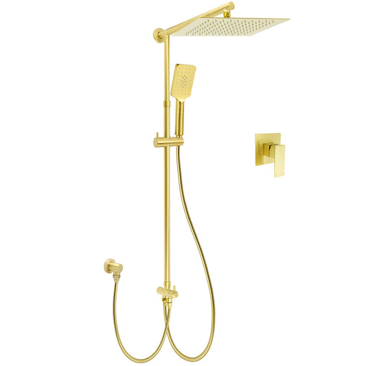 WELS Brushed Gold Square 12" Rainfall Head 3 Modes Handheld Sliding Rail Wall Mixer 2in1 Shower Set V1233-SC842GHS002M4CGKSS112GKSQ201G