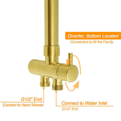 WELS Brushed Gold Square 12" Rainfall Head 3 Modes Handheld Sliding Rail Wall Mixer 2in1 Shower Set V1233-SC842GHS002M4CGKSS112GKSQ201G