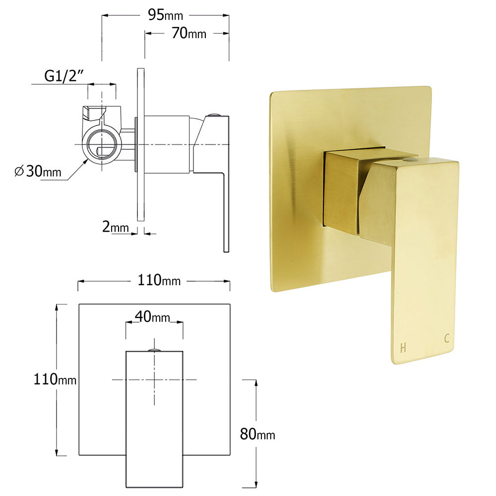 WELS Brushed Gold Square 12" Rainfall Head 3 Modes Handheld Sliding Rail Wall Mixer 2in1 Shower Set V1233-SC842GHS002M4CGKSS112GKSQ201G