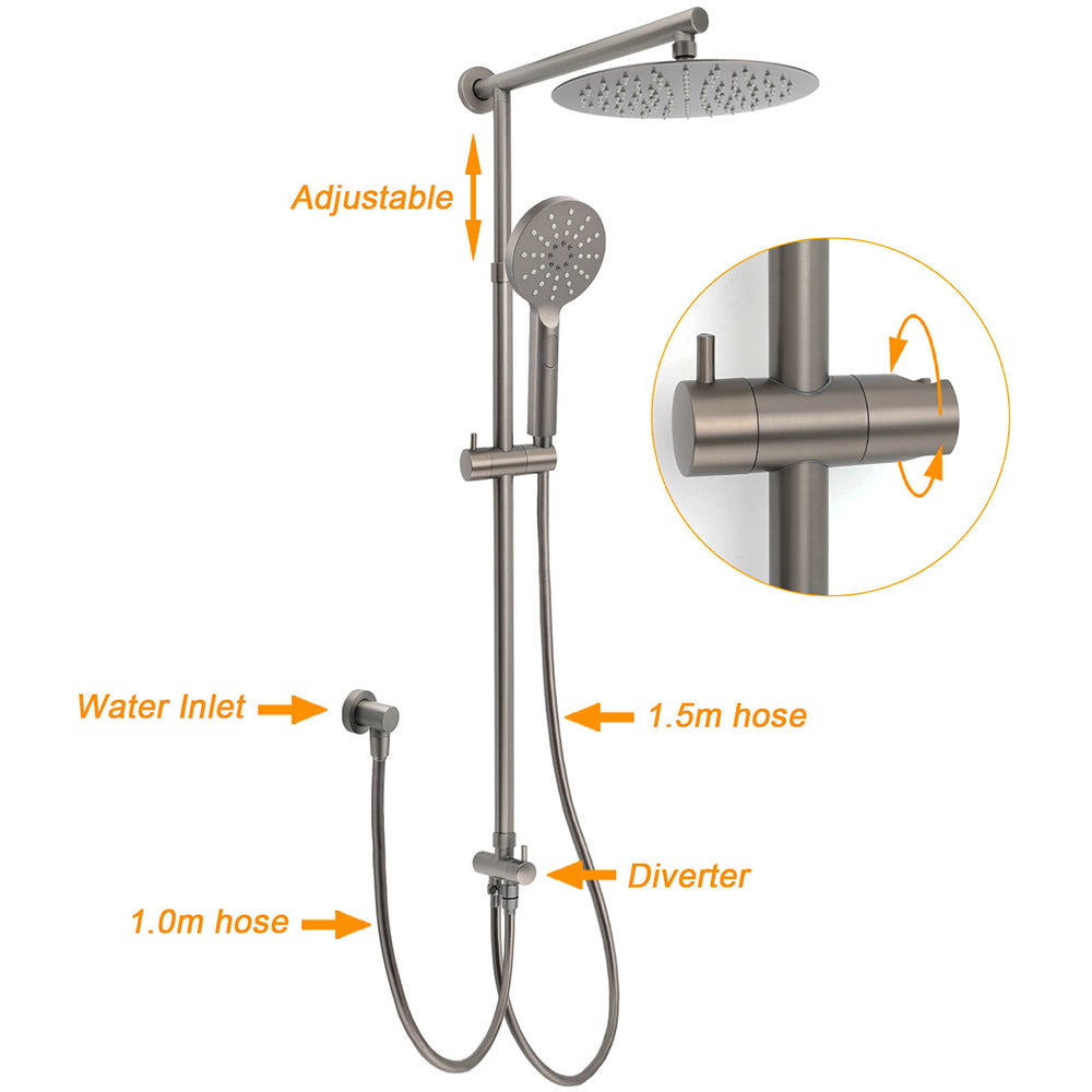 WELS Gun Metal Dual Round Shower 10" Rain Head 3 Mode Handheld Sliding Rail Diverter Set V1233-SC842GMHR002M4CGMKSR110GM