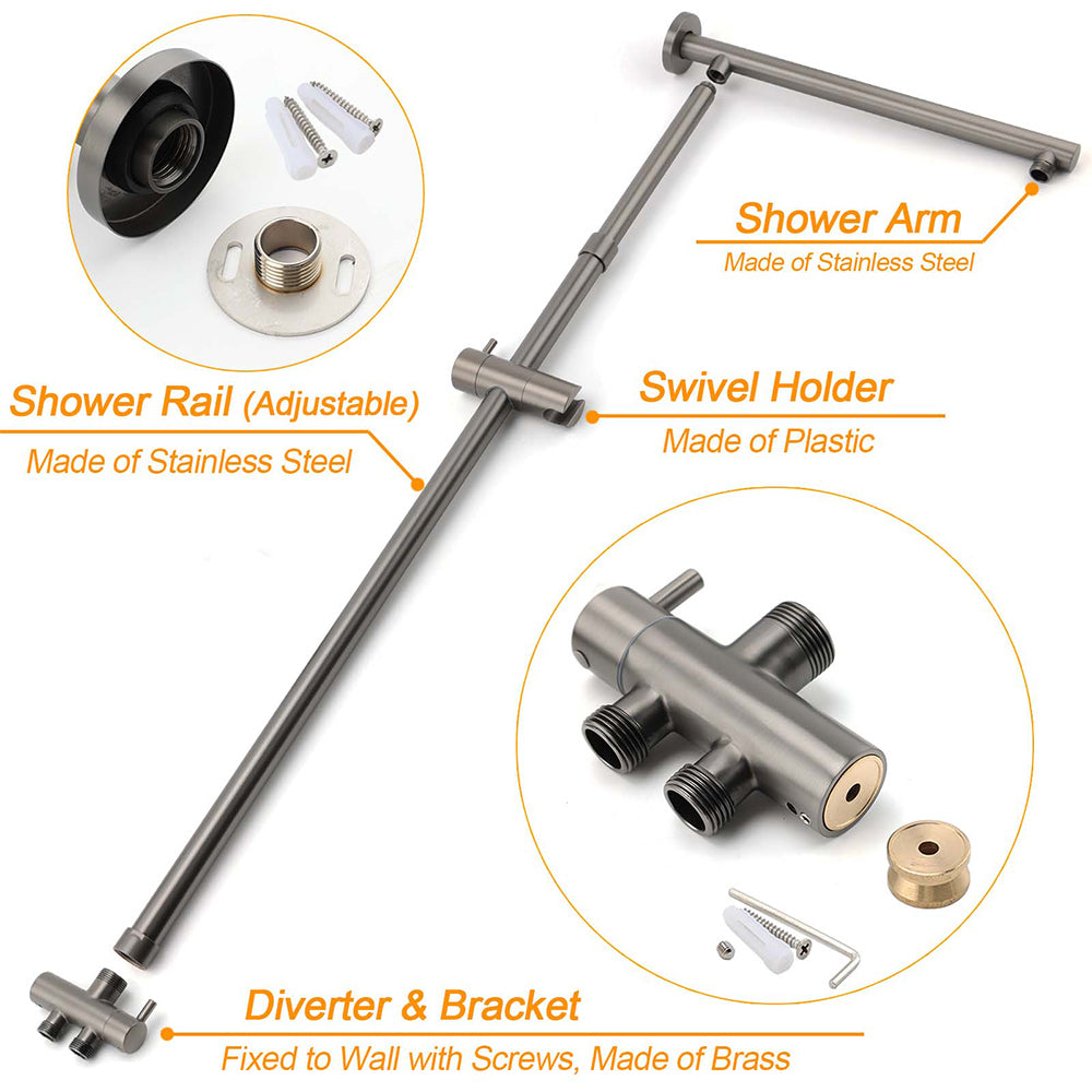 WELS Gun Metal Dual Round Shower 10" Rain Head 3 Mode Handheld Sliding Rail Diverter Set V1233-SC842GMHR002M4CGMKSR110GM