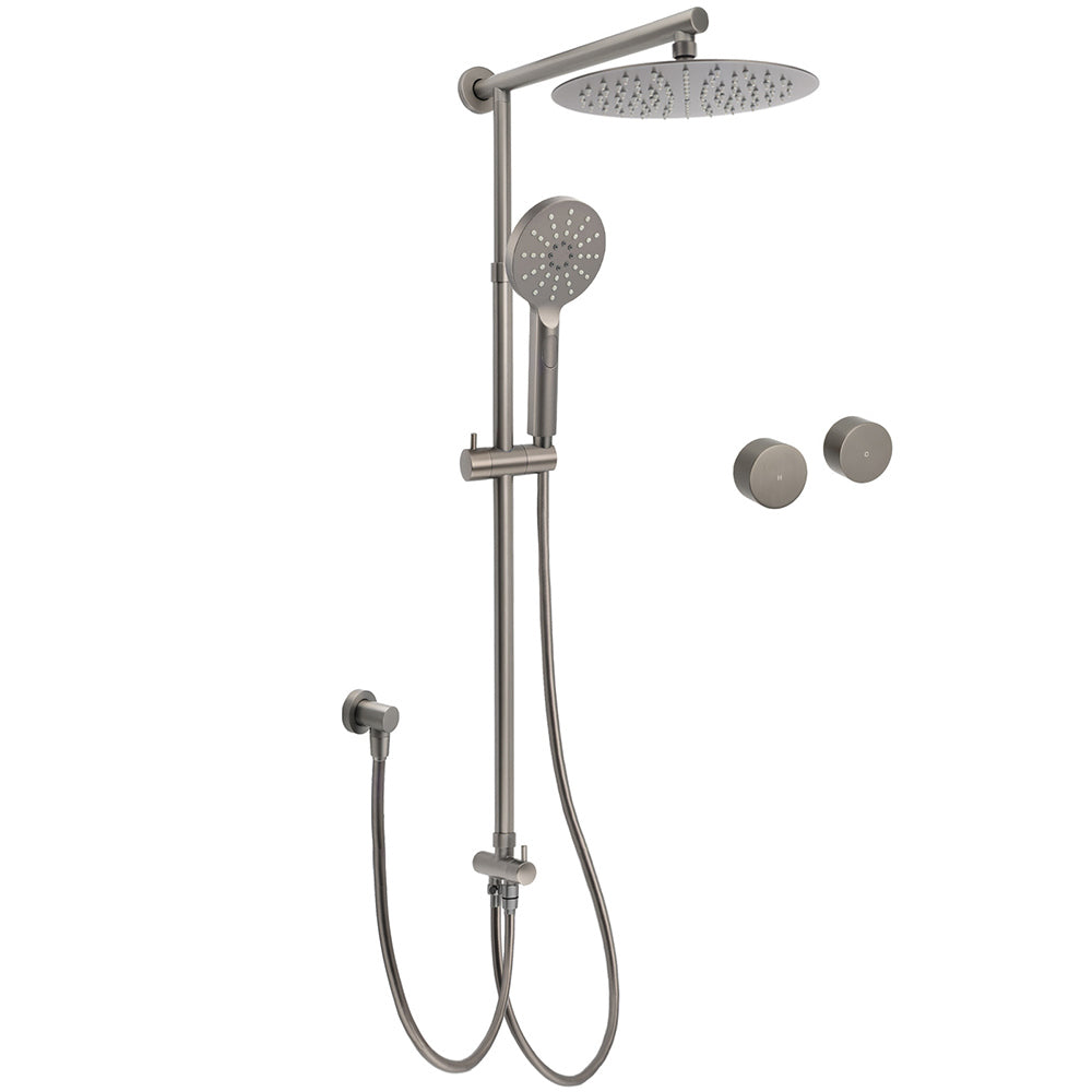 WELS Gun Metal Dual Round Shower Head 10" Rain Head 3 Mode Handheld Sliding Rail Diverter Set V1233-SC842GMHR002M4CGMKSR110GMKC0292GM