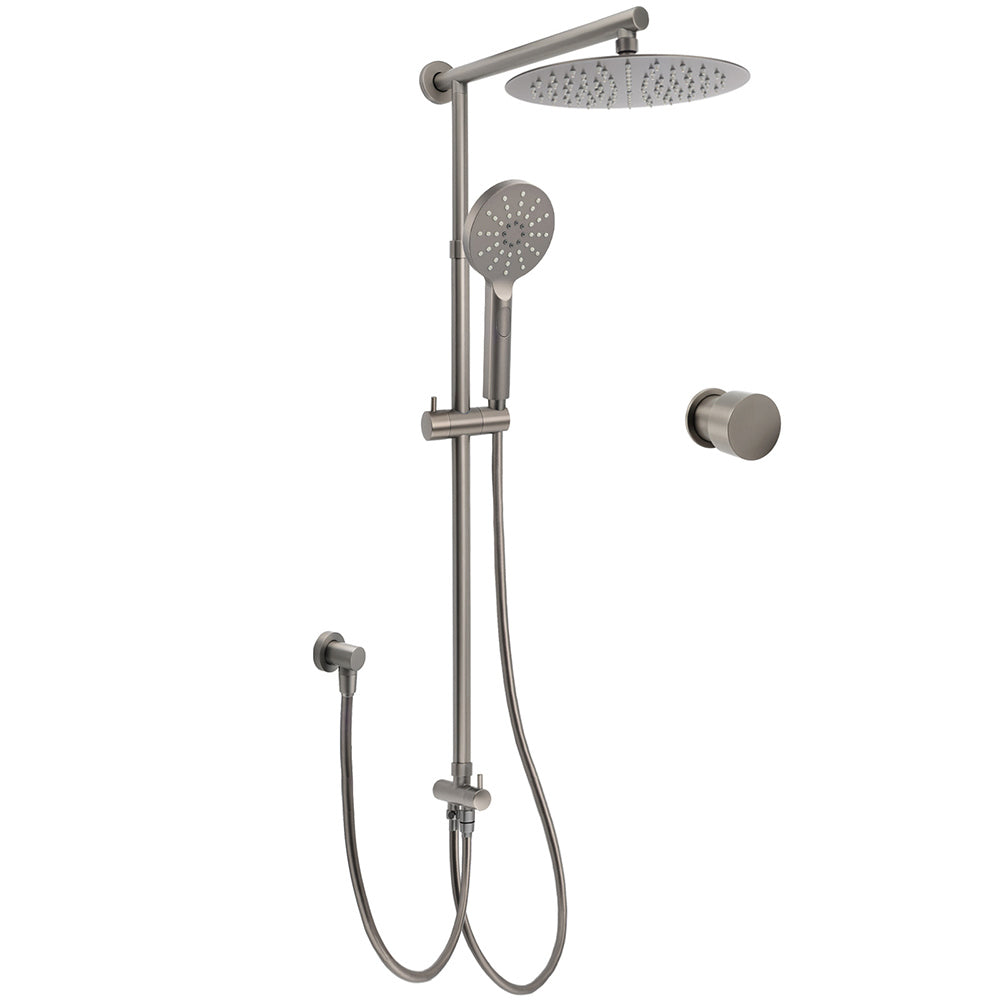 WELS Gun Metal Dual Round Shower 10" Rain Head 3 Mode Handheld Sliding Rail Arm Mixer Set V1233-SC842GMHR002M4CGMKSR110GMKC1292GM
