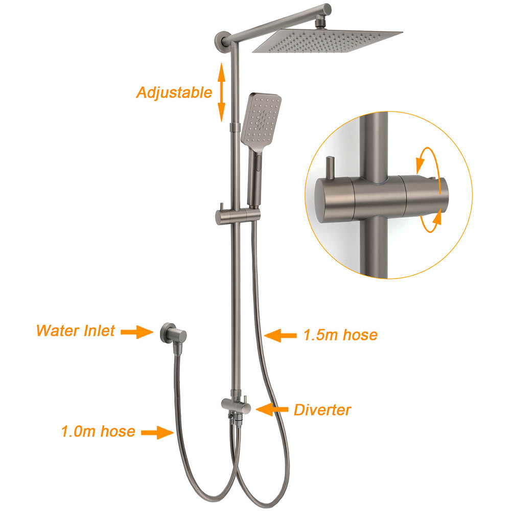 WELS Gun Metal 2in1 Shower Set Square 10" Rain Head Handheld Adjustable Silde Rail Combo V1233-SC842GMHS002M4CGMKSS110GM