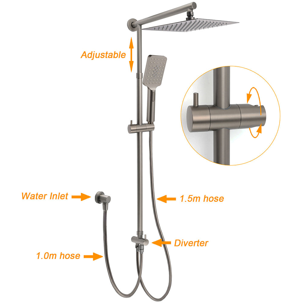 WELS Gun Metal 2in1 Shower Set Square 12" Rainfall Head Handheld Adjustable Silde Rail Combo V1233-SC842GMHS002M4CGMKSS112GM