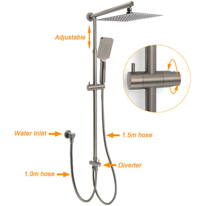 WELS Gun Metal 2in1 Shower Set Square 12" Rain Head 3 Modes Handheld Silde Rail Hot Cold Mixer V1233-SC842GMHS002M4CGMKSS112GMKSQ201GM