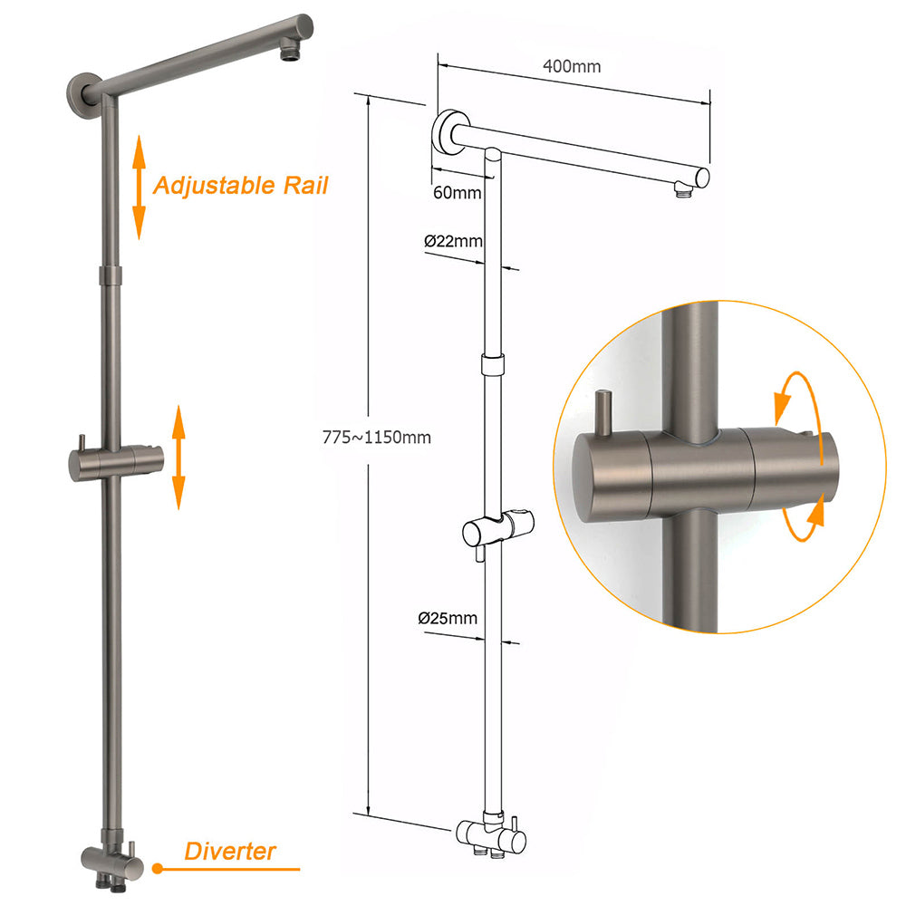 WELS Gun Metal Dual Round Shower 10" Rain Head Stainless Steel Handheld Sliding Rail Diverter Set V1233-SC842GMSS019CGMKSR110GM